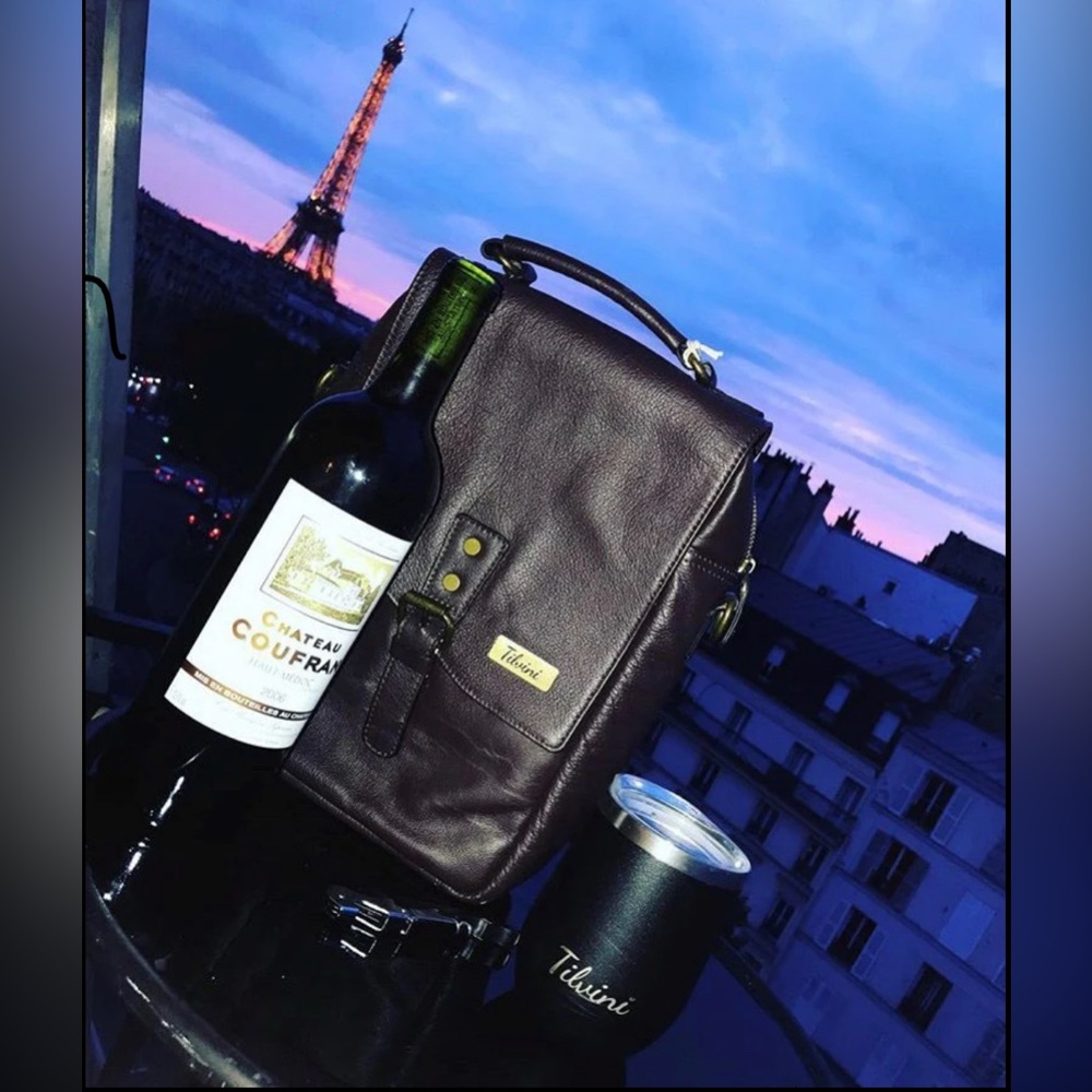 Tilvini Black Genuine Leather Insulated Wine Bag & Tumbler Set NWT - Picture 10 of 11